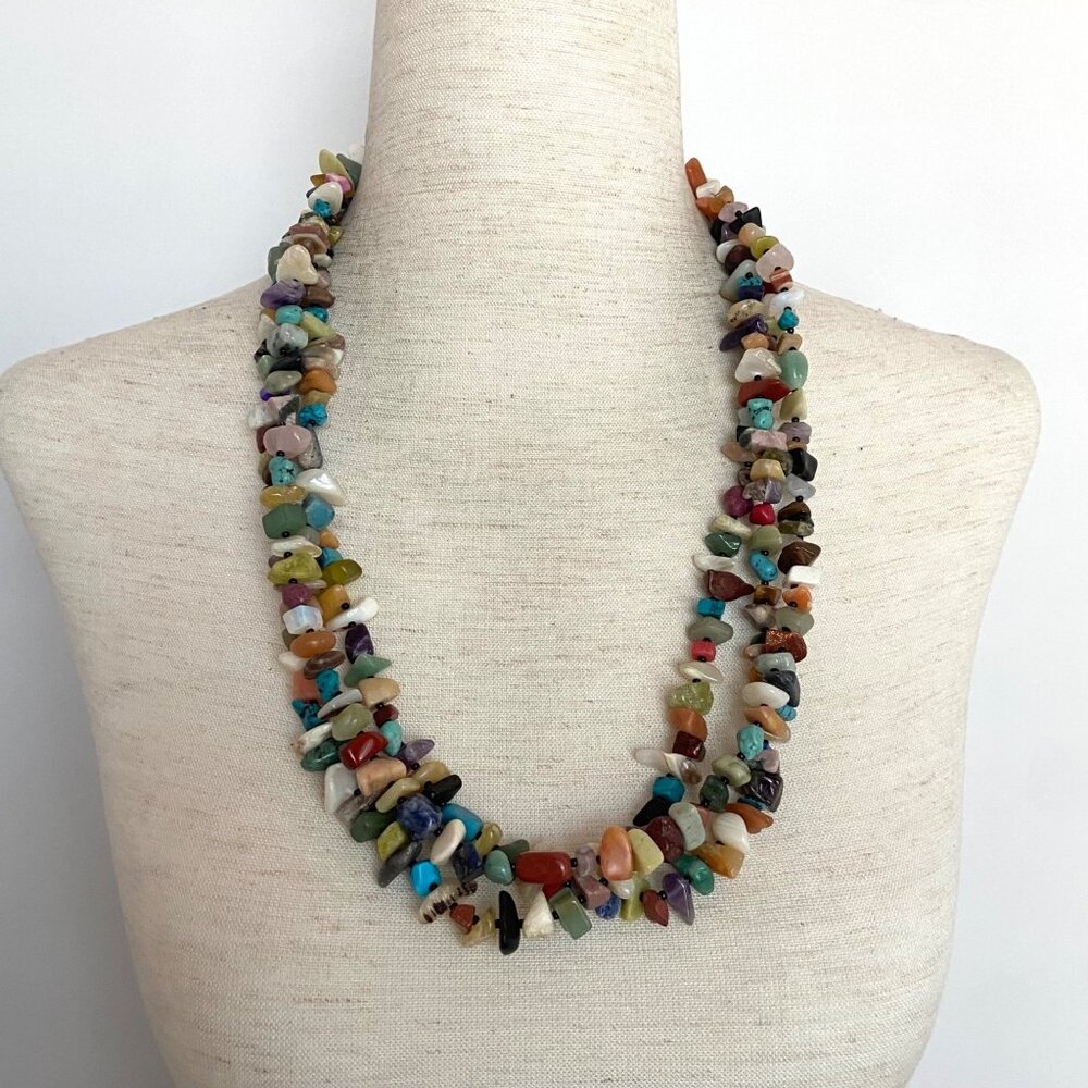 Sterling Silver 925 Multi Gemstone Colorful Three Strand Beaded Necklace 26"
